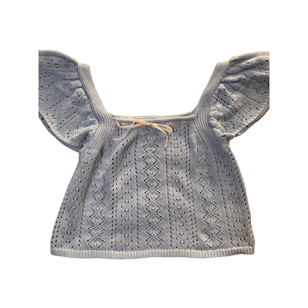 Haute Hippie Style Knit Top Women XL Blue Excellent Pointelle Flutter Sleeve Bow